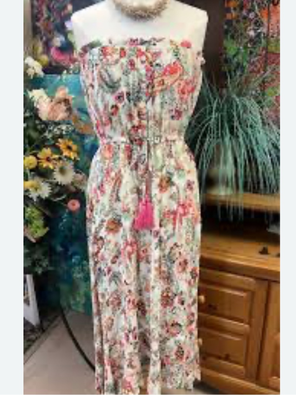 Elan White Strapless Floral Maxi Dress with Pink Tassel
